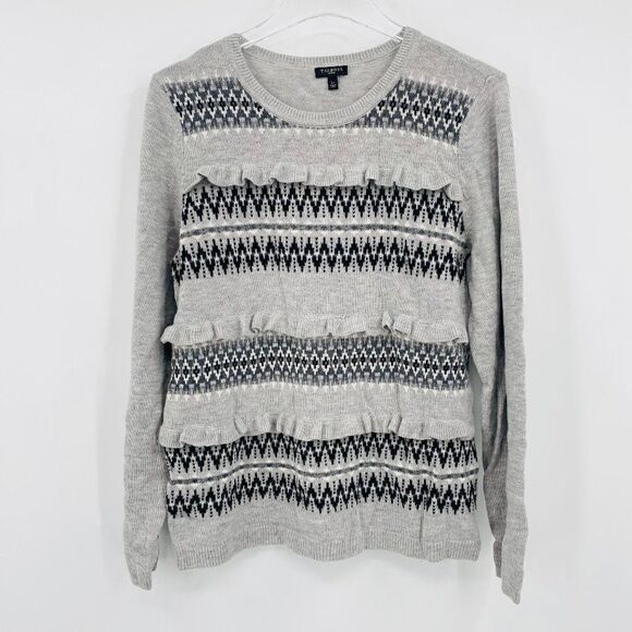 Talbots Petites Size Large Gray Fair Aisle Ruffled Lambswool Crewneck Sweater - Picture 1 of 7